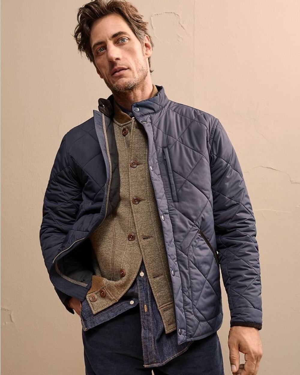 J.Crew Sussex Quilted Barn Jacket, Navy Blue with Brown Corduroy Trim, Size XL
